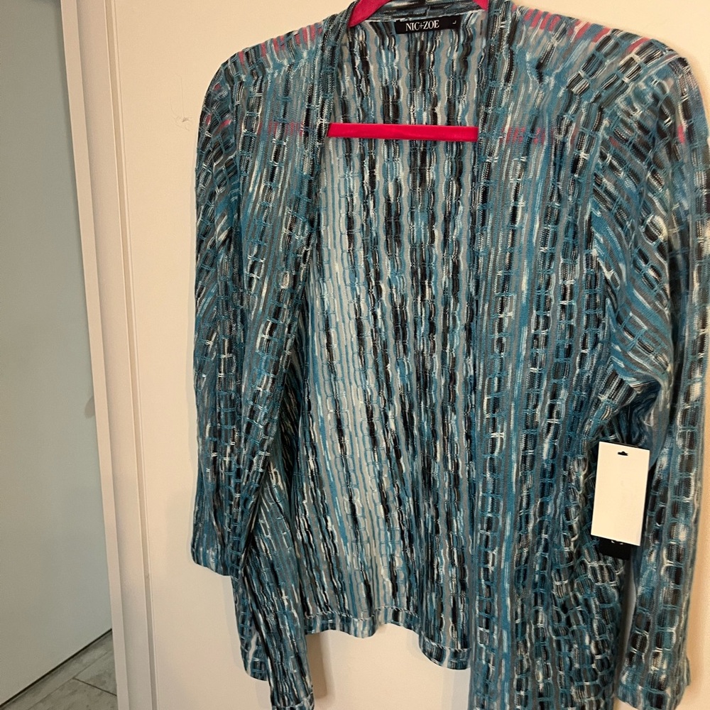 NIC+ZOE Blue and Gray Textured Cardigan Nic and Zoe Navy/Turquoise blend Size L